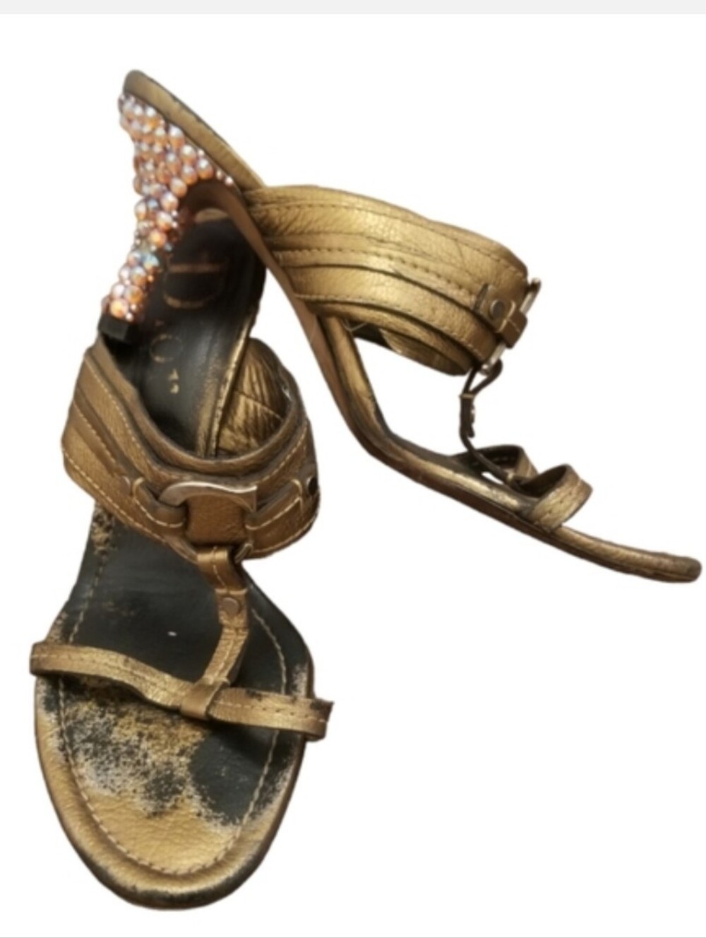 Vintage Christian Dior Metallic Gold Jeweled Mule Heels T-Strap 7.5
